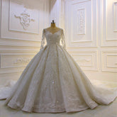 Elegant Long Sleeve Ball Gown Wedding Dress with Beaded Lace Appliques and Church Train