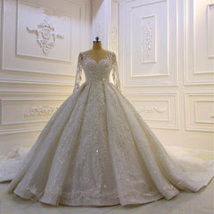 Elegant Long Sleeve Ball Gown Wedding Dress with Beaded Lace Appliques and Church Train
