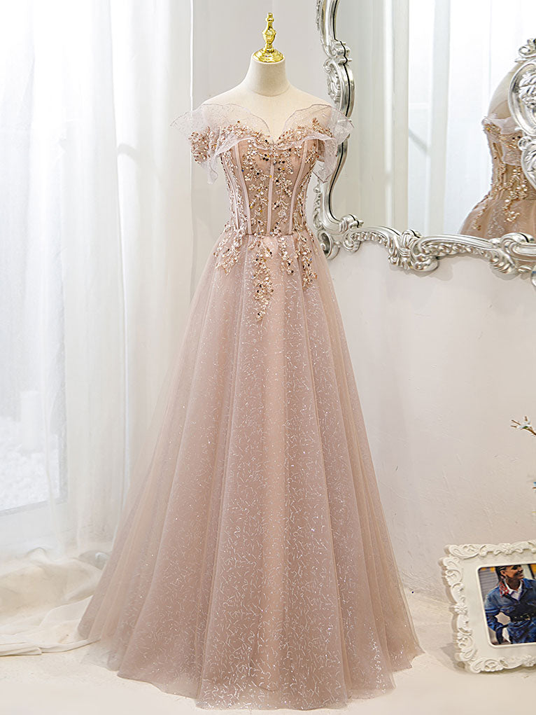 Champagne Tulle Lace A Line Long Prom Evening Dress
