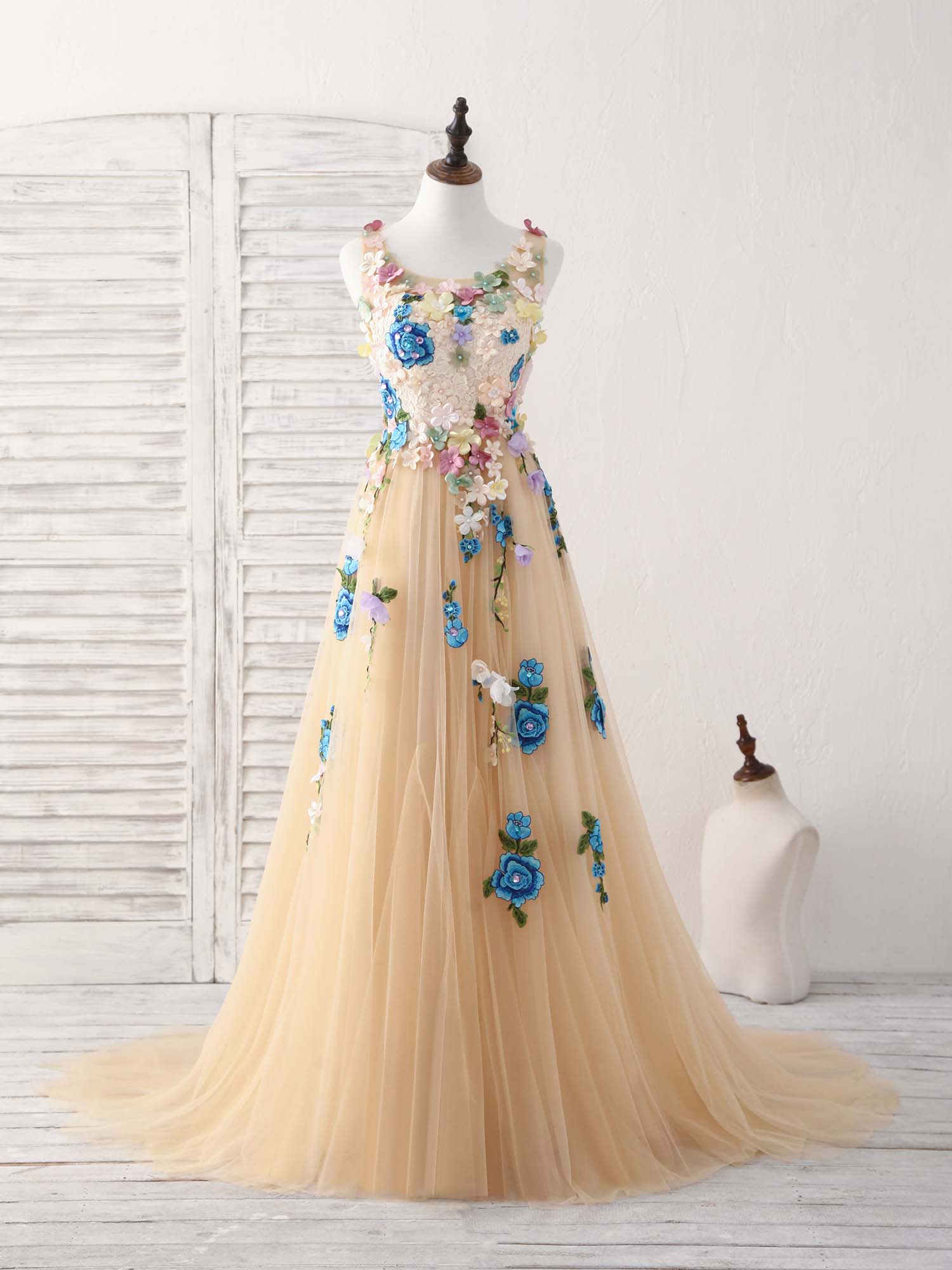 Elegant Champagne Tulle Lace Applique Long Prom Evening Dress for Women