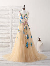Elegant Champagne Tulle Lace Applique Long Prom Evening Dress for Women
