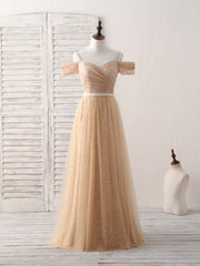 Elegant Champagne Off-Shoulder Lace Tulle Long Bridesmaid Dress for Special Occasions