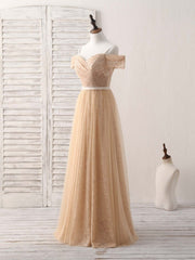 Elegant Champagne Off-Shoulder Lace Tulle Long Bridesmaid Dress for Special Occasions