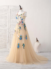 Elegant Champagne Tulle Lace Applique Long Prom Evening Dress for Women