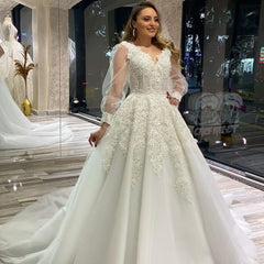 A-Line V-Neck Wedding Dress with Appliques Lace and Puffy Long Sleeves