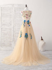 Elegant Champagne Tulle Lace Applique Long Prom Evening Dress for Women