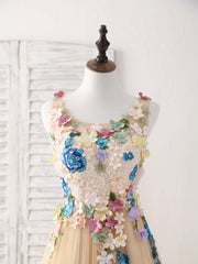 Elegant Champagne Tulle Lace Applique Long Prom Evening Dress for Women