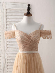 Elegant Champagne Off-Shoulder Lace Tulle Long Bridesmaid Dress for Special Occasions
