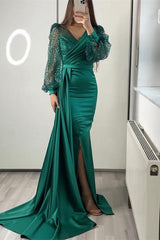 Elegant V-Neck Long Sleeve Sequin Mermaid Evening Gown with Ruffle Split