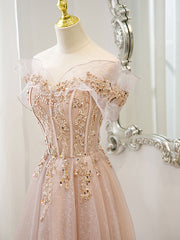 Champagne Tulle Lace A Line Long Prom Evening Dress