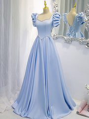 Elegant Glamorous Blue Satin Backless Long Prom Evening Dress