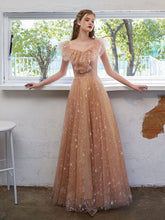 Elegant Off-Shoulder Tulle Lace Prom Dress with Built-In Bra, Champagne Silhouette
