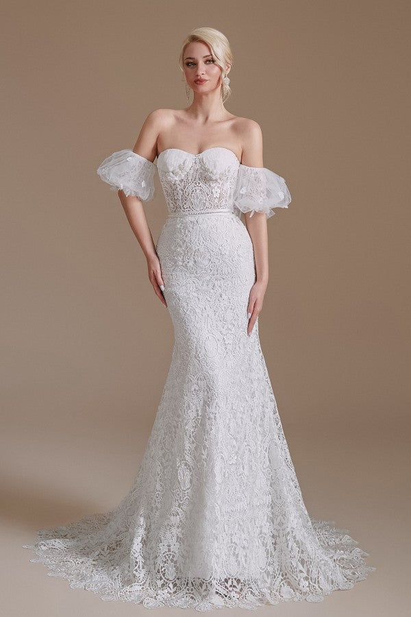 Elegant Mermaid Lace Wedding Dress with Detachable Sleeves Sweetheart Neckline