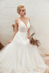 Elegant A-Line V-Neck Lace Tulle Wedding Dress with Open Back and Floor Length