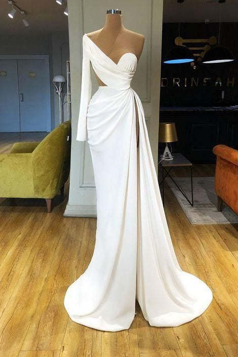 Elegant White One Shoulder Long Sleeve Sweetheart Mermaid Prom Dress with Split