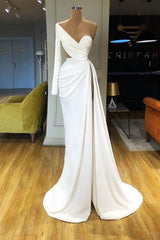 Elegant White One Shoulder Long Sleeve Sweetheart Mermaid Prom Dress with Split