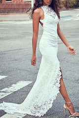 High Neck Lace Summer Beach Wedding Dress with Train