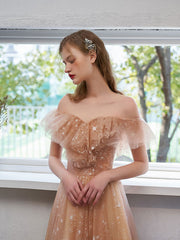 Elegant Off-Shoulder Tulle Lace Prom Dress with Built-In Bra, Champagne Silhouette