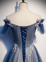 Blue Tulle Lace Long Prom Dress for Women Bridesmaids