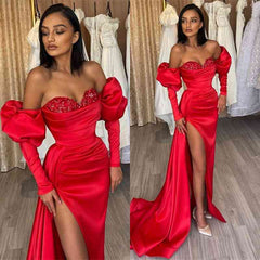 Elegant Red Off-Shoulder Sequined Evening Dress with Bubble Sleeves and Slit