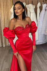 Elegant Red Off-Shoulder Sequined Evening Dress with Bubble Sleeves and Slit