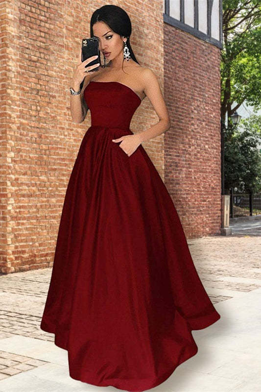 Elegant Strapless Burgundy Prom Dress with Pockets, A-Line Floor Length Gown