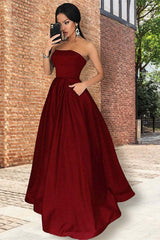Elegant Strapless Burgundy Prom Dress with Pockets, A-Line Floor Length Gown