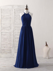 Elegant Dark Blue Chiffon Long Prom Bridesmaid Dress - Simple & Flowy Design