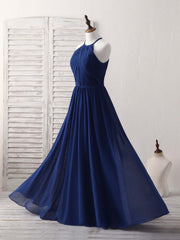 Elegant Dark Blue Chiffon Long Prom Bridesmaid Dress - Simple & Flowy Design
