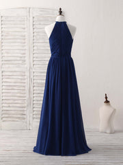 Elegant Dark Blue Chiffon Long Prom Bridesmaid Dress - Simple & Flowy Design