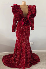 Shiny Sequins Burgundy Mermaid Prom Dress: Elegant V-Neck Sleeveless Floor-Length Gown