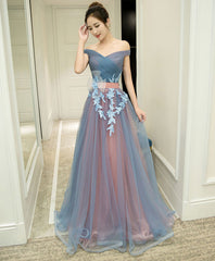 Gray Blue Tulle Off Shoulder Long Evening Prom Dress
