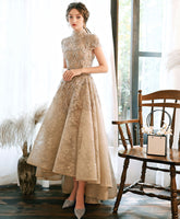 Champagne High Neck Lace Formal Prom Dress For Women Evening Wear