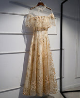 Champagne Tulle Lace Long Prom Dress Formal Gown for Women