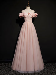 Pink Tulle Off Shoulder Long Prom Dress Formal Gown For Women
