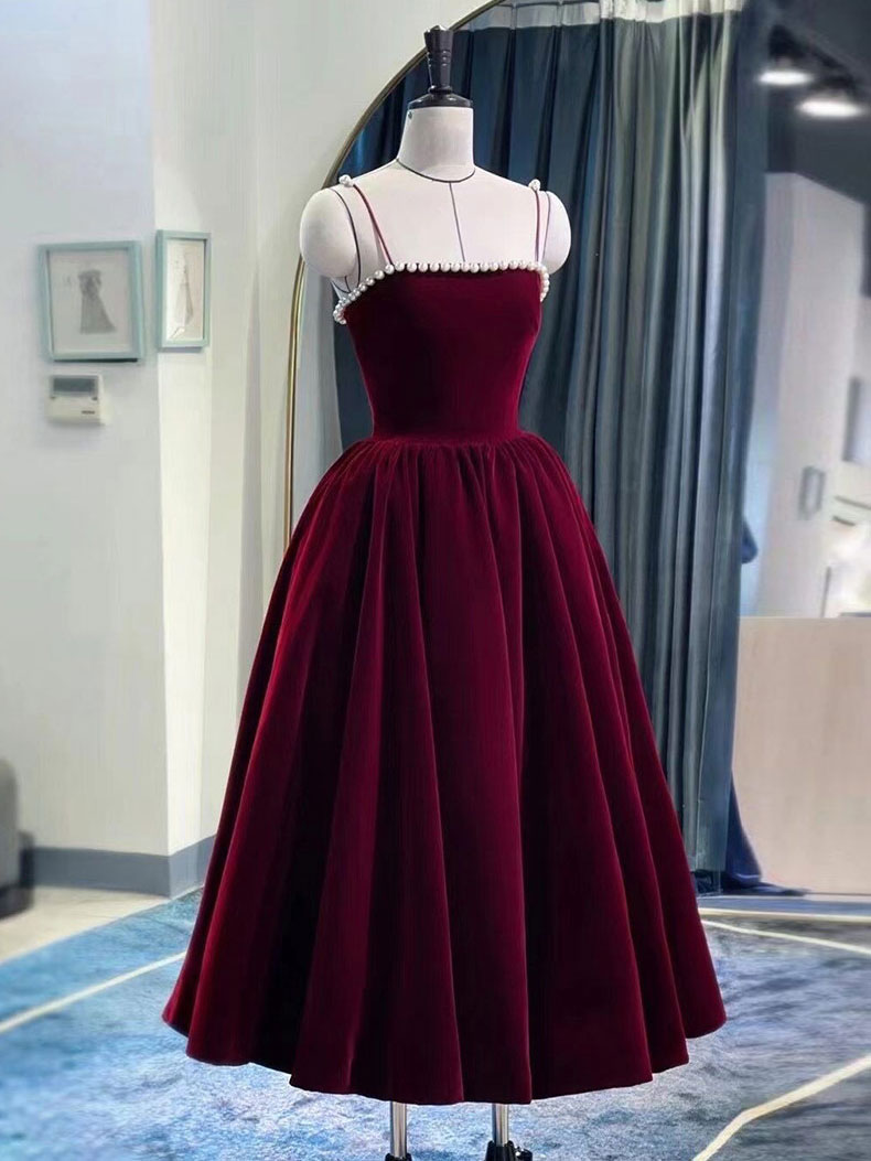 Burgundy Tea Length Prom Dress for Women Formal Evening Party Wear