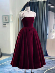 Burgundy Tea Length Prom Dress for Women Formal Evening Party Wear