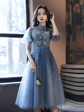 Elegant Blue Tulle Lace Short Prom Dress with Puffy Skirt