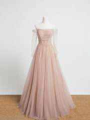 Champagne Pink Tulle Beaded Long Prom Evening Dress with Built‑In Bra
