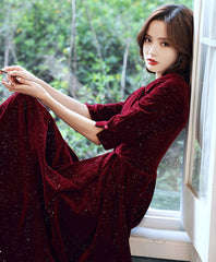 Burgundy Velvet Long Prom Dress for Women Evening Formal Wear