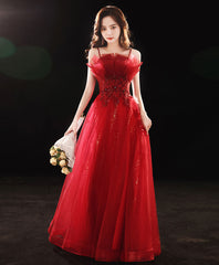 Elegant Burgundy Tulle Lace Long Prom Dress with A-Line Silhouette