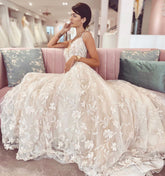 Glamorous A-Line V-Neck Wedding Dress with Lace Appliques and Tulle