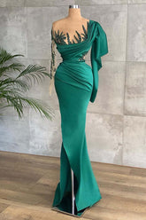 Elegant Emerald Green Beaded Prom Gown with Pleated Long Sleeves & Ruffles