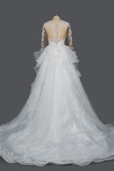 A-Line V-Neck Hi-Lo Wedding Dress with Ruffles, Tulle and Appliques