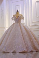 Sparkling Off-Shoulder Ruffle Satin Ball Gown Wedding Dress with Sequin Beadings