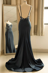 Elegant V-Neck Spaghetti Strap Satin Mermaid Prom Dress with Sequin Embellishments