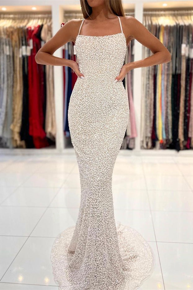 Strapless Sequin Mermaid Prom Dress with Spaghetti Straps and Open Back