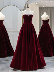 Elegant A-Line Long Sleeves Velvet Burgundy Prom Dress with Exquisite Beads
