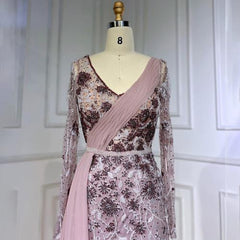 Pink Long Sleeve Chiffon Train Beaded Lace Evening Gown Dress