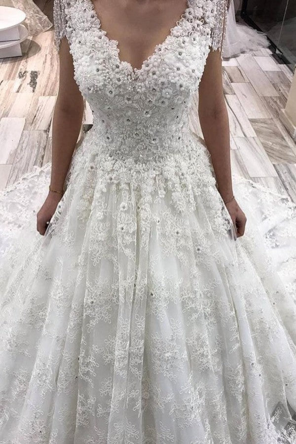 A-Line Tulle Off-Shoulder Wedding Dress with Lace Appliques, Elegant Bridal Gown